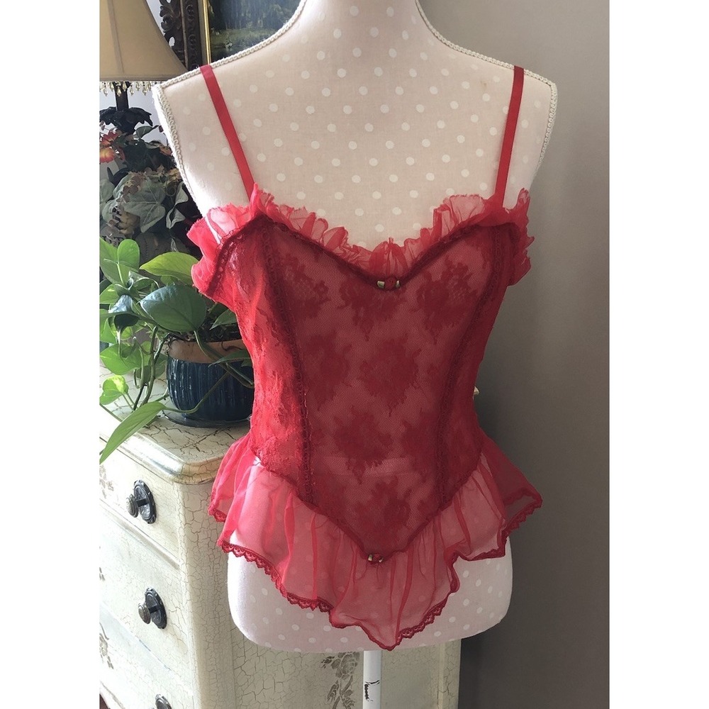 Vtg Fredericks of Hollywood Corset Look Top Red Sheer & Lace Sexy USA  Women's M